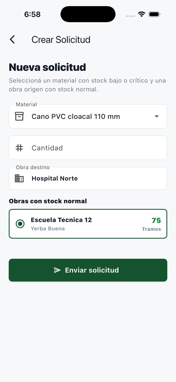 Nueva solicitud del Jefe de Obra con material destino y obra de origen disponible