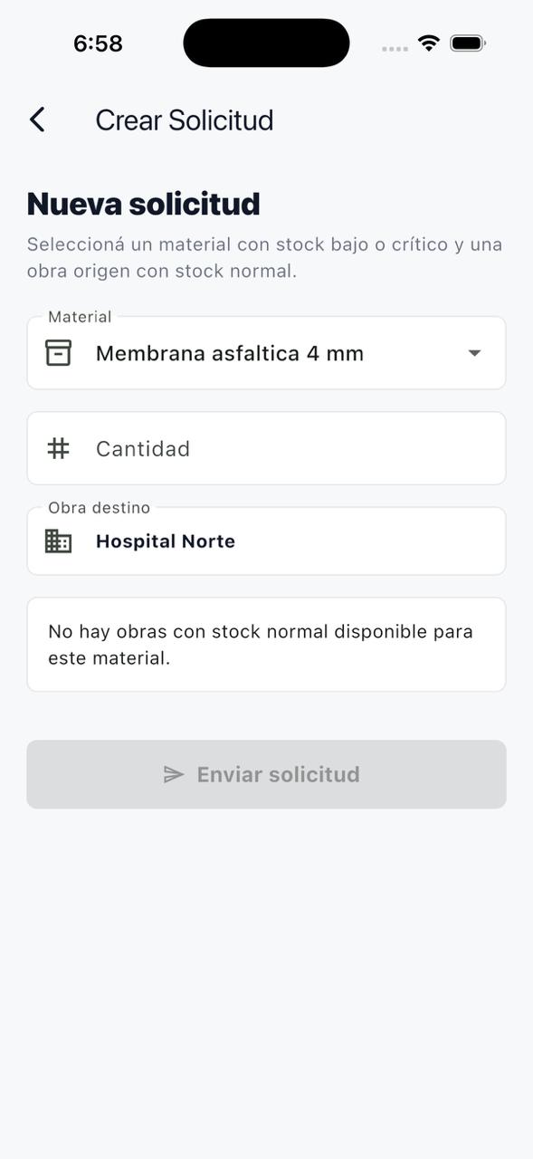 Nueva solicitud bloqueada porque no hay otra obra con stock normal del material