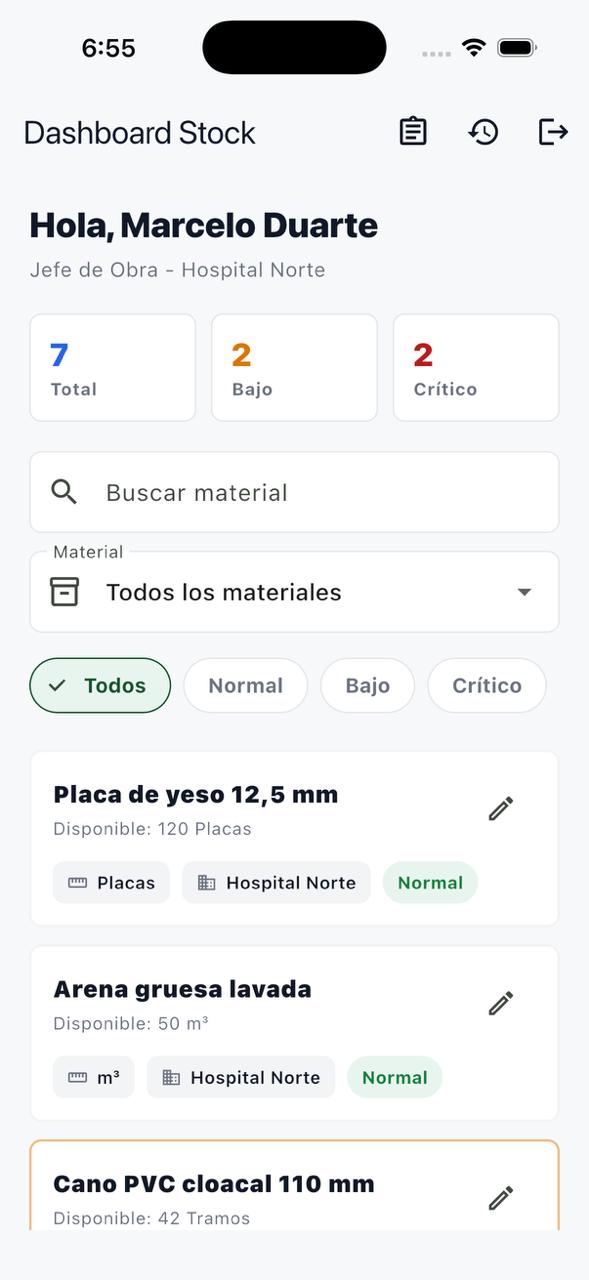 Dashboard de stock del Jefe de Obra con resumen buscador filtros y materiales