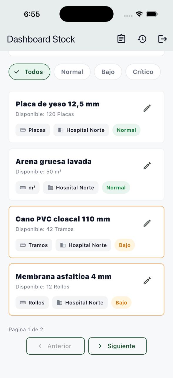 Listado paginado de materiales del Jefe de Obra con estados normal y bajo