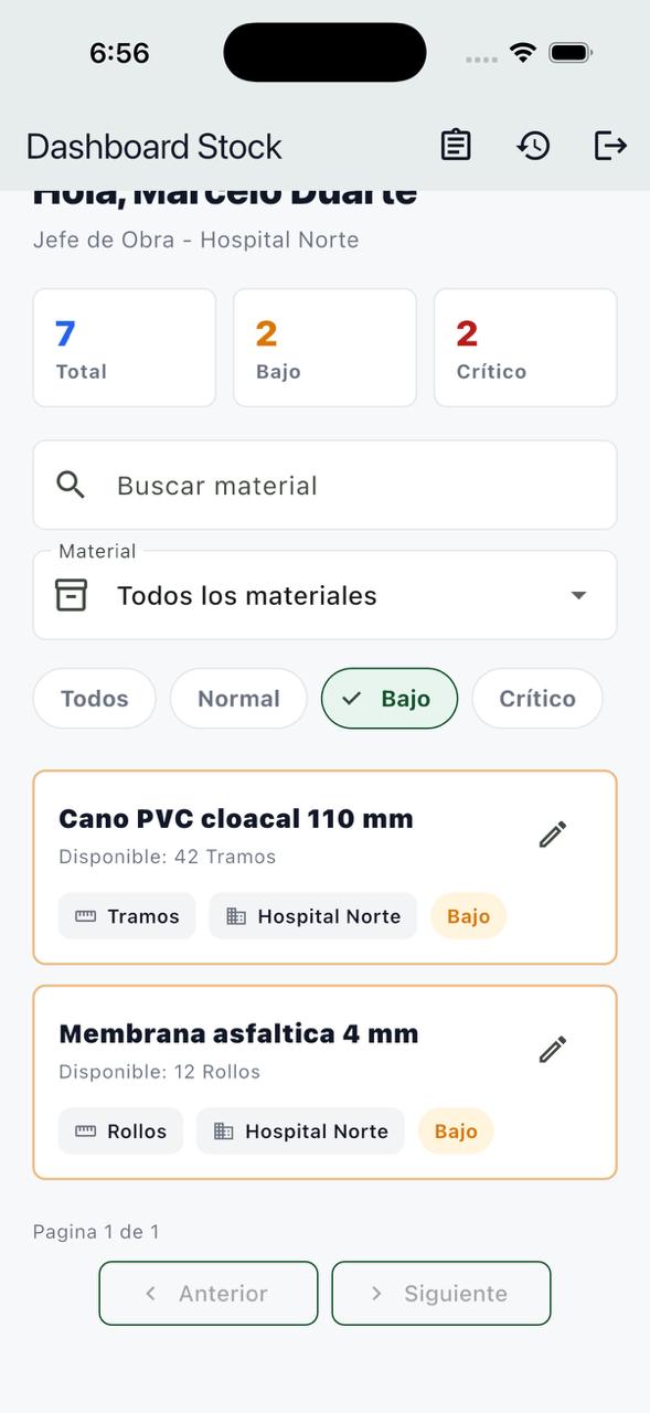 Dashboard del Jefe de Obra filtrado para mostrar materiales con stock bajo