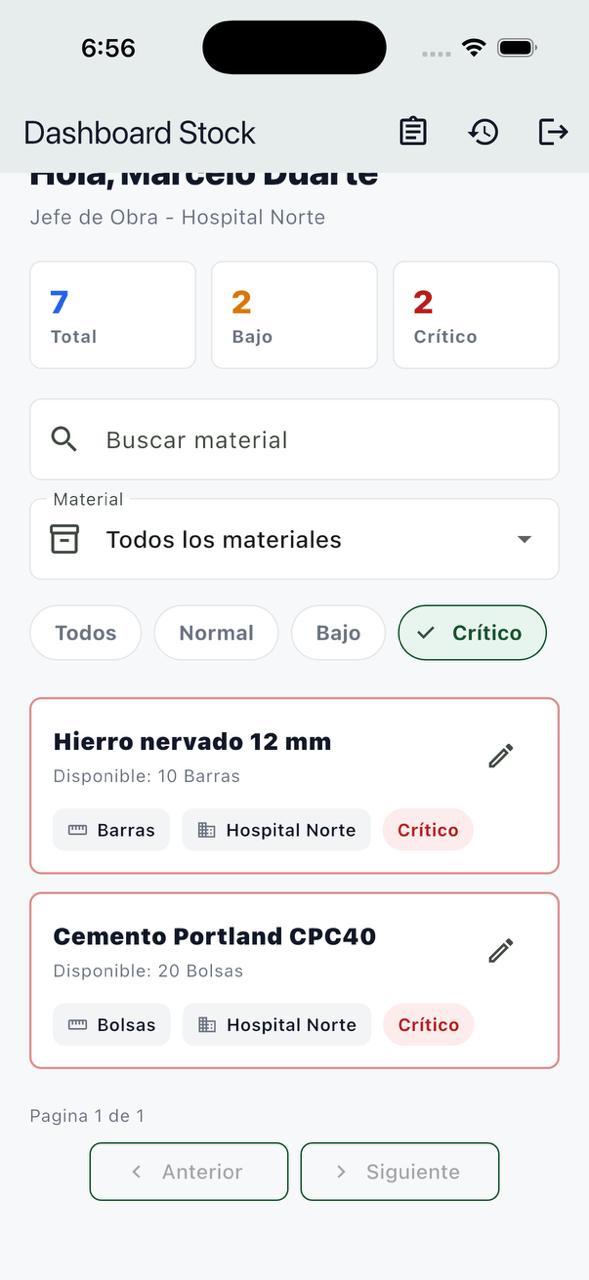 Dashboard del Jefe de Obra filtrado para mostrar materiales con stock crítico