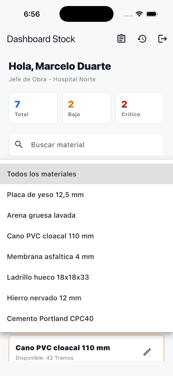Dashboard del Jefe de Obra con selector desplegado para elegir un material