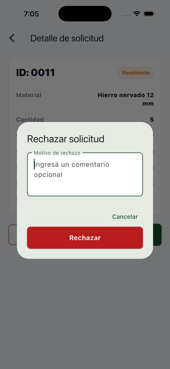 Diálogo del Administrador para indicar el motivo antes de rechazar una solicitud