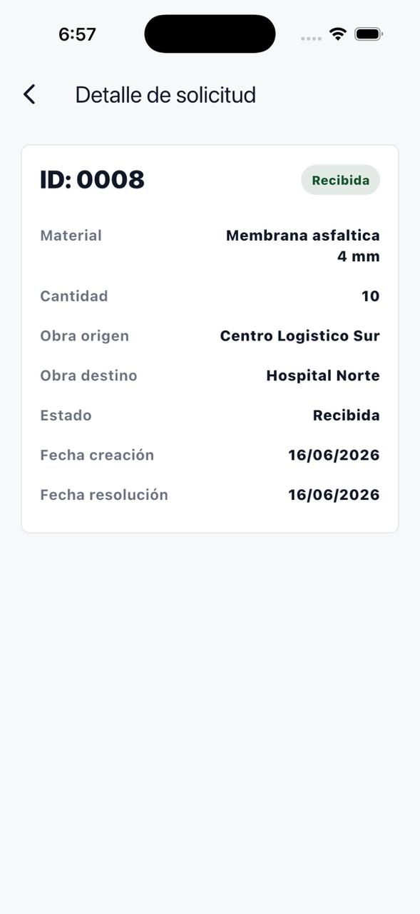 Detalle para el Jefe de Obra de una solicitud recibida con origen destino y cantidad