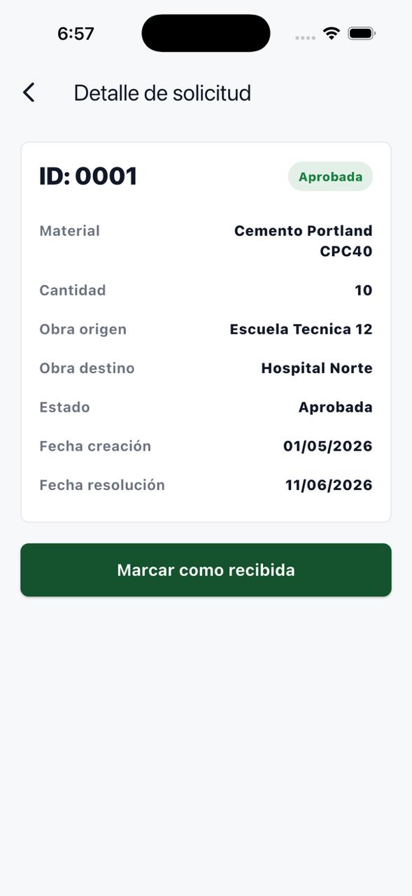 Detalle para el Jefe de Obra de una solicitud aprobada lista para marcar como recibida