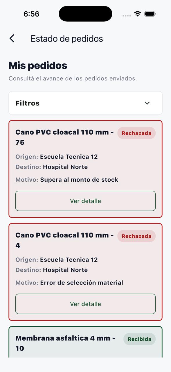 Listado de pedidos del Jefe de Obra con solicitudes rechazadas y recibidas