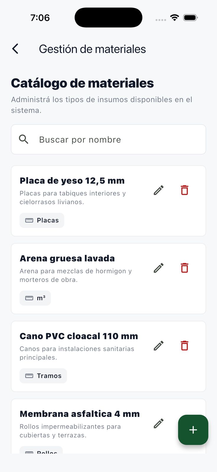 Catálogo del Administrador con materiales unidades y acciones de edición y eliminación