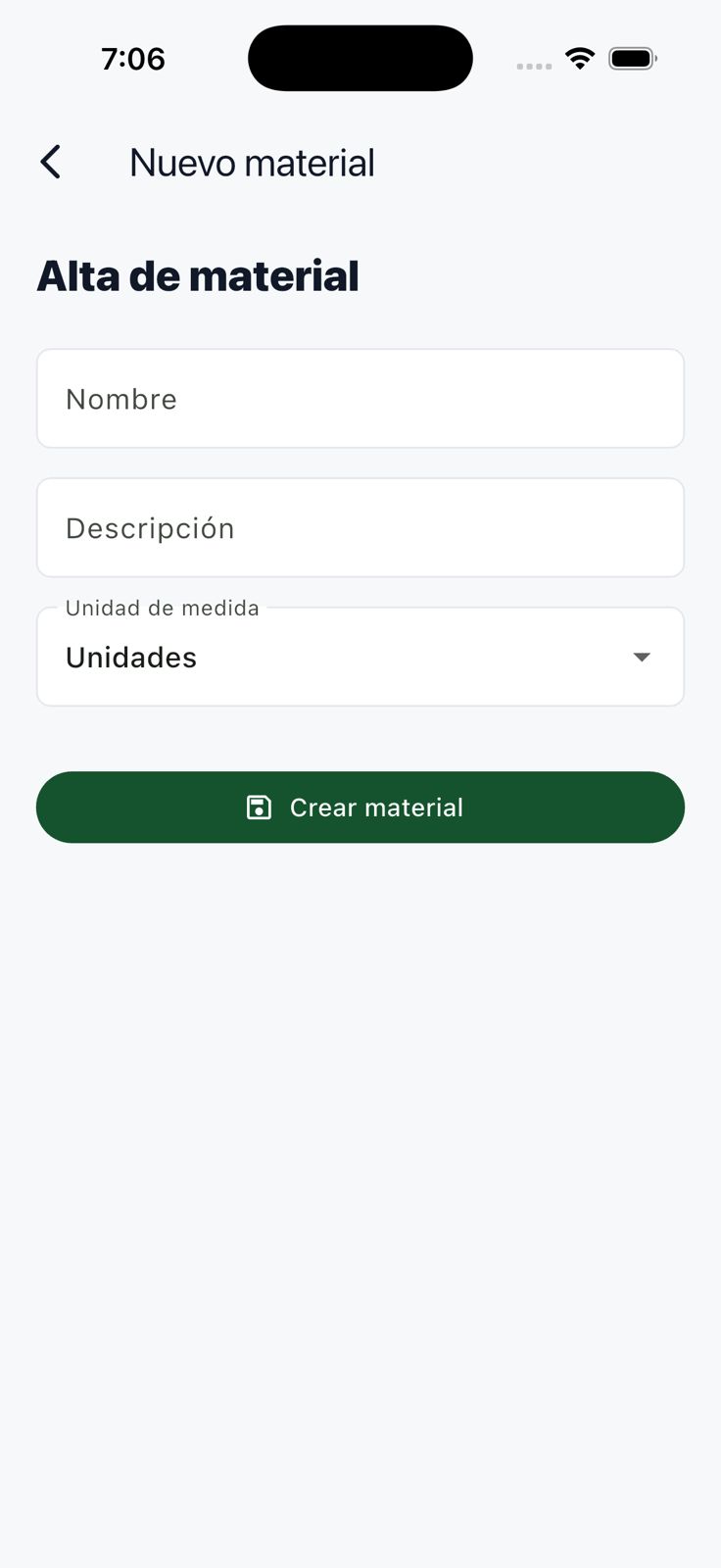 Formulario del Administrador para crear un material con nombre descripción y unidad