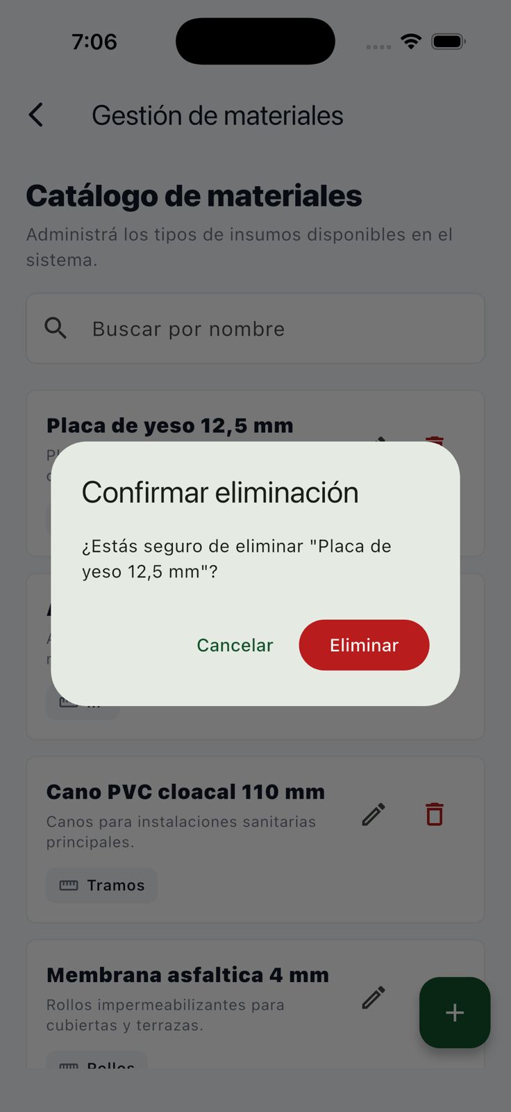 Diálogo de confirmación para eliminar un material del catálogo