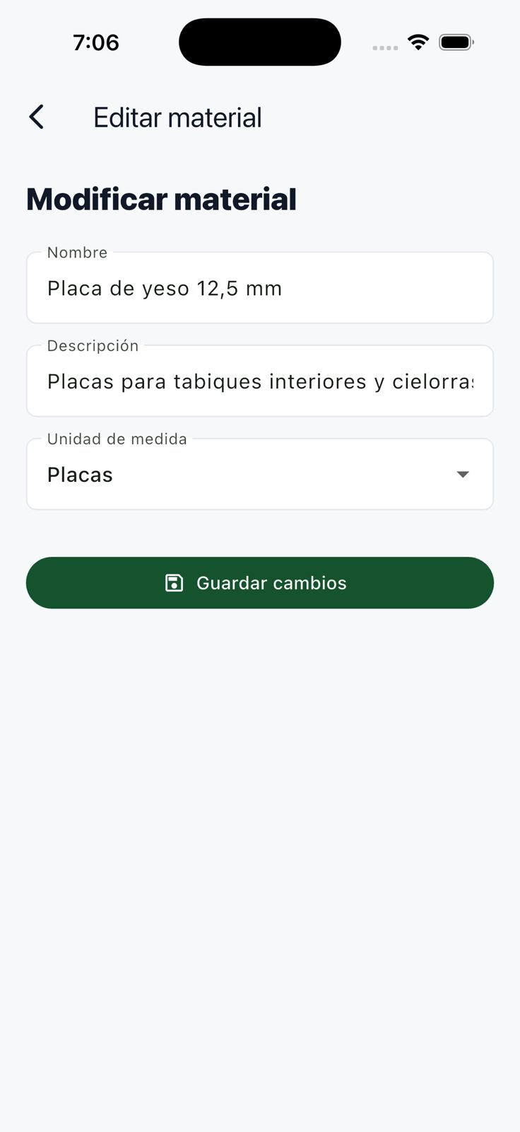 Formulario del Administrador para modificar los datos de un material existente