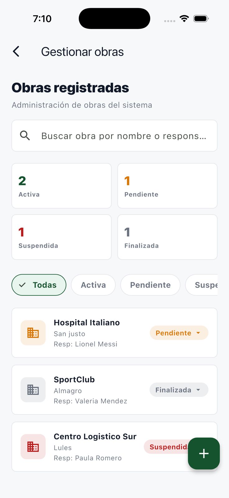 Gestión de obras con resumen por estado buscador filtros y listado registrado