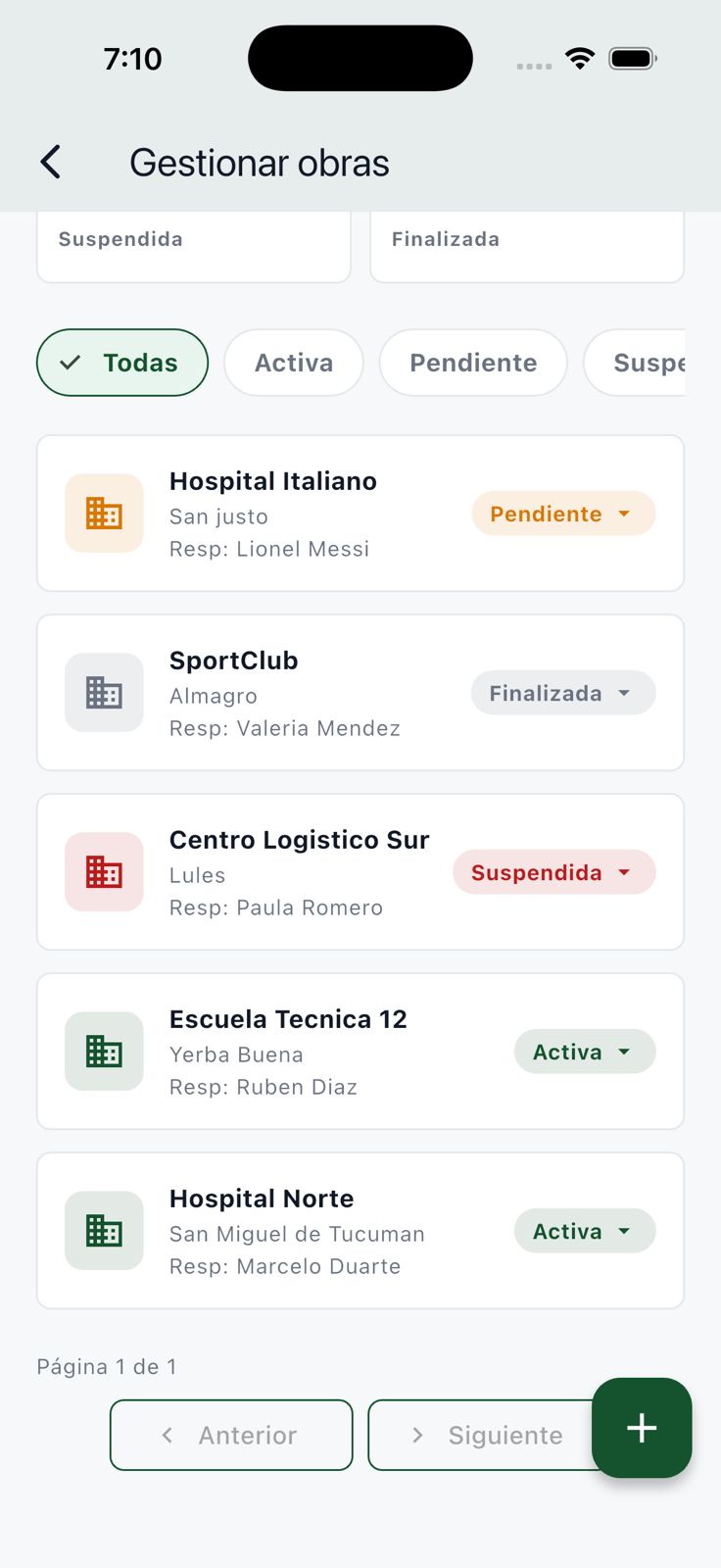Listado completo de obras con ubicación responsable y estado actual