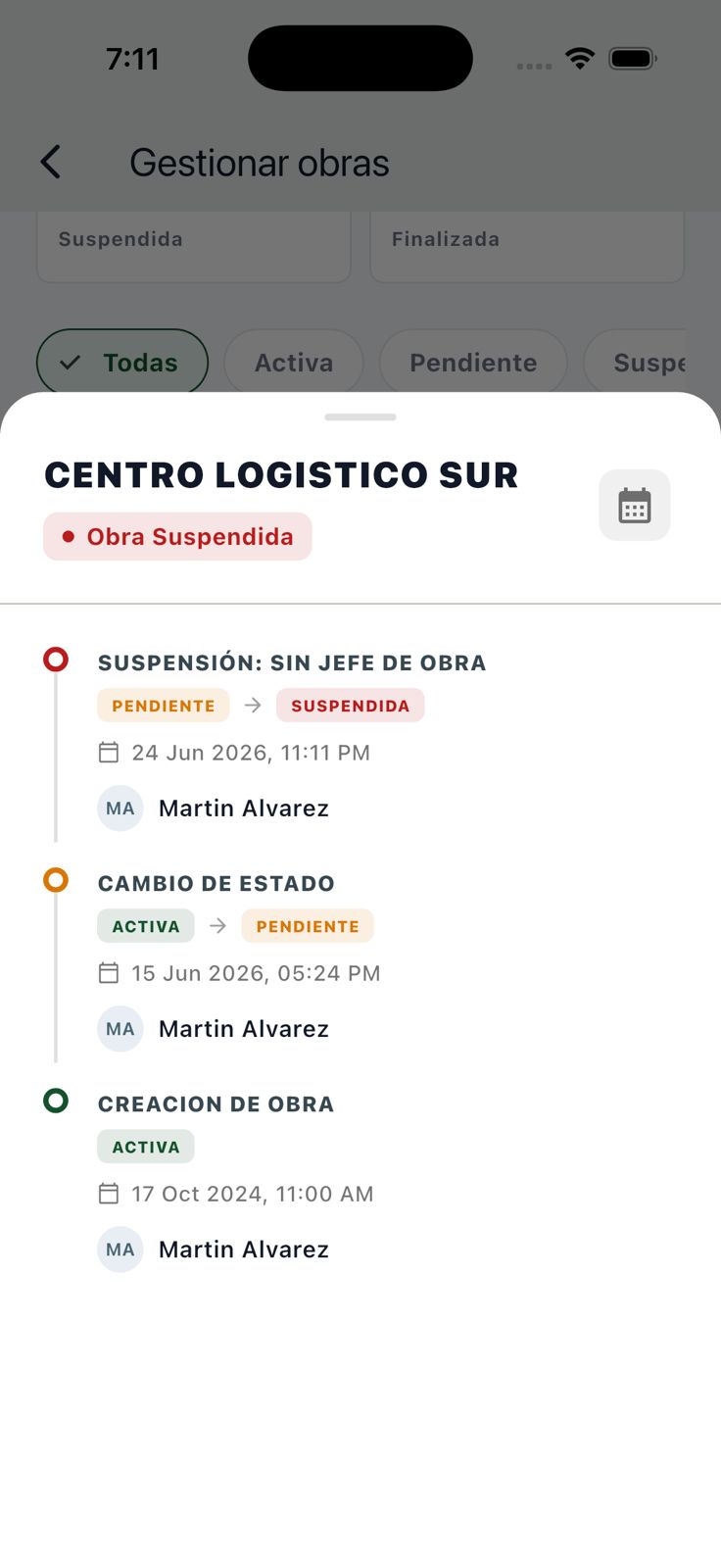 Historial de una obra con creacion cambios de estado y motivo de suspension