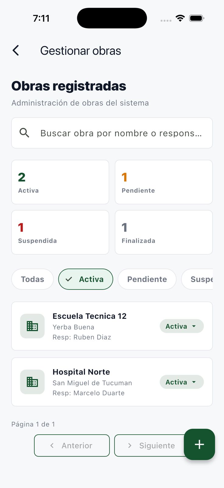 Gestión de obras filtrada para mostrar solamente las obras activas
