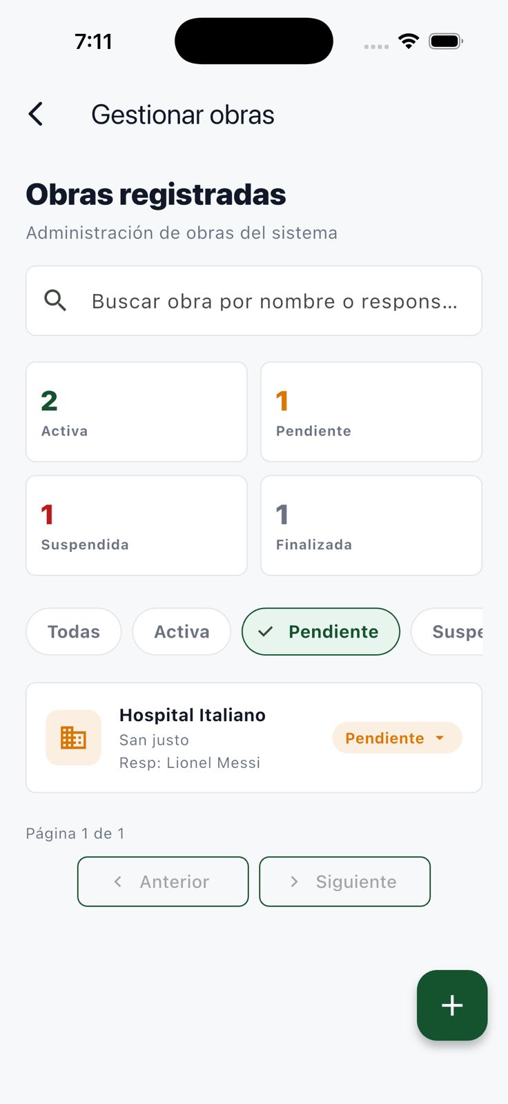 Gestión de obras filtrada para mostrar solamente las obras pendientes
