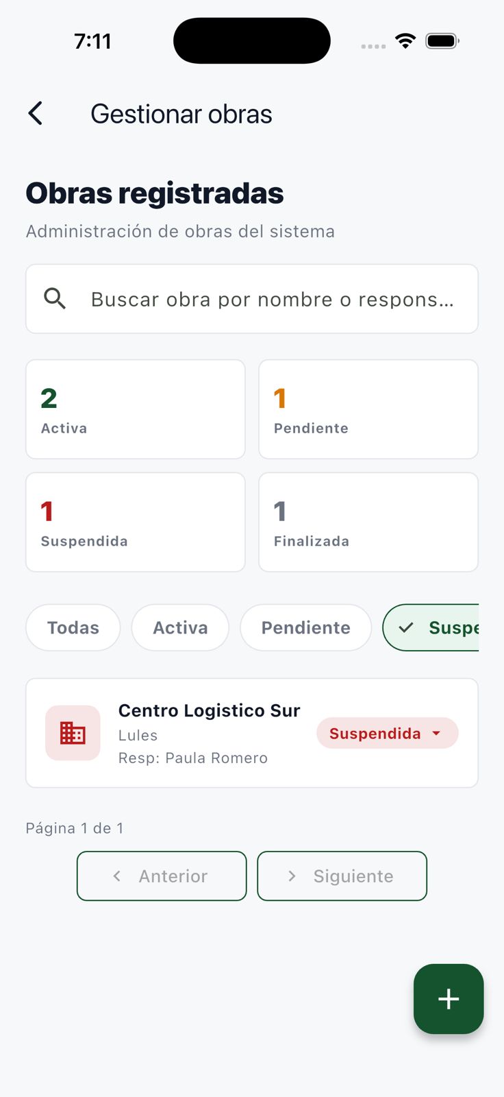 Gestión de obras filtrada para mostrar solamente las obras suspendidas