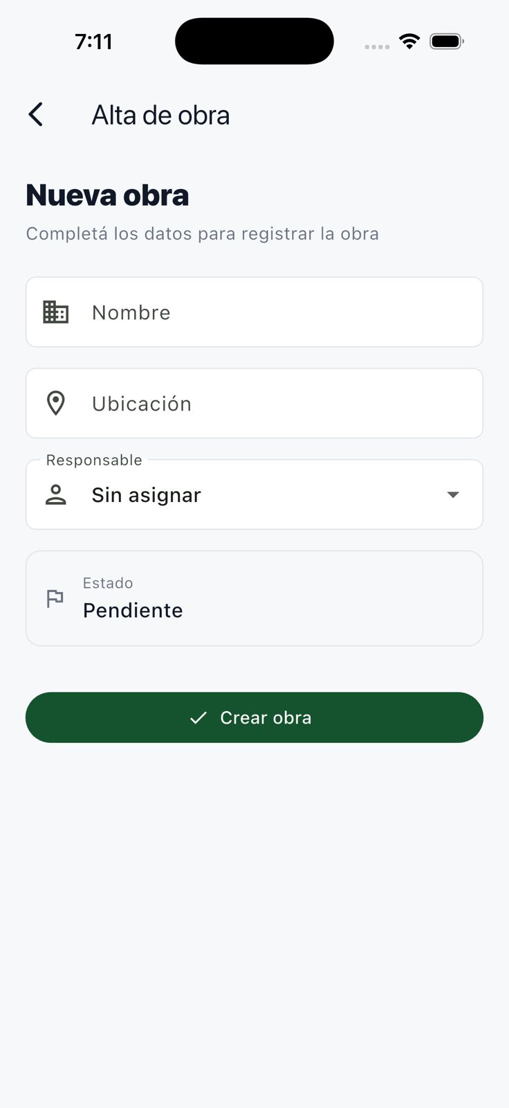 Formulario para registrar una nueva obra con ubicación responsable y estado inicial