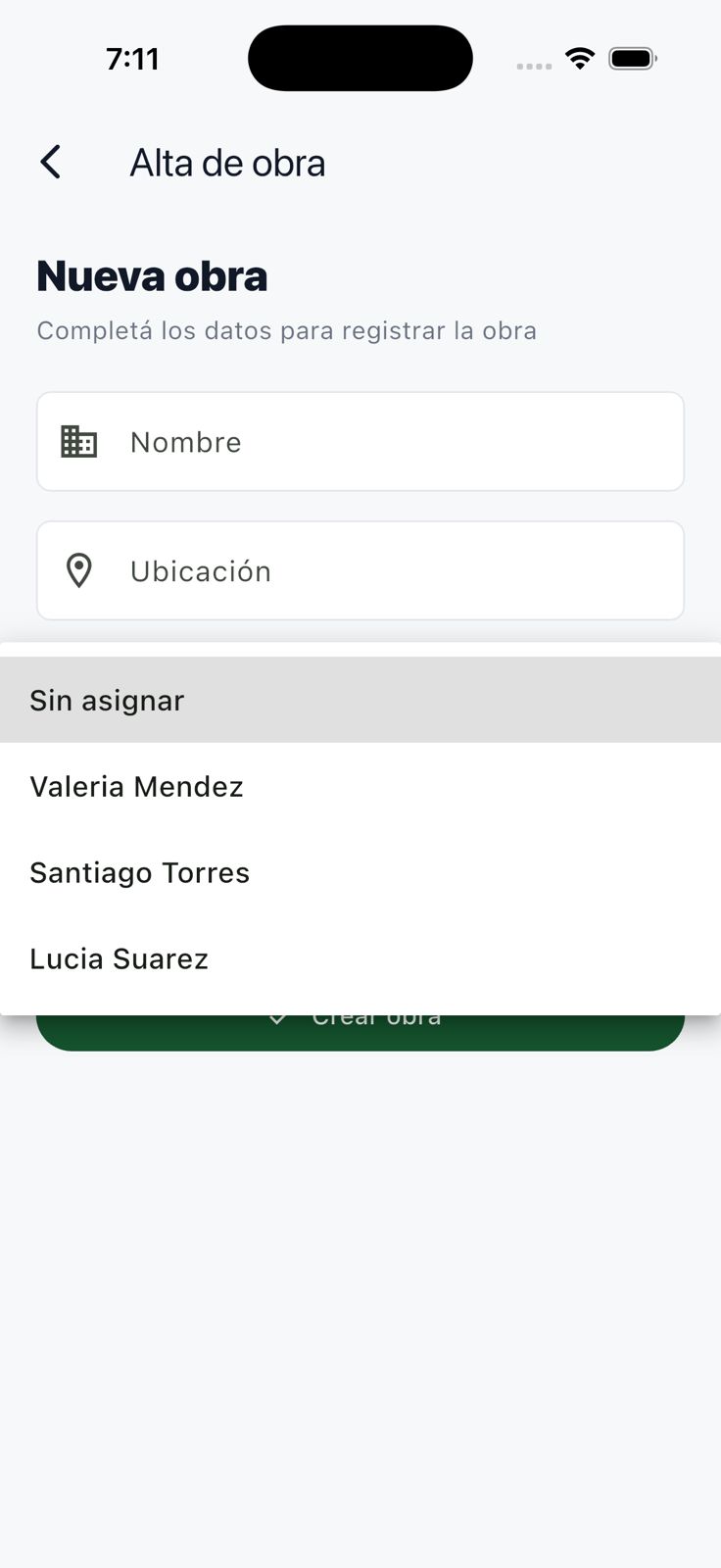 Selector de responsables disponibles durante la creacion de una obra