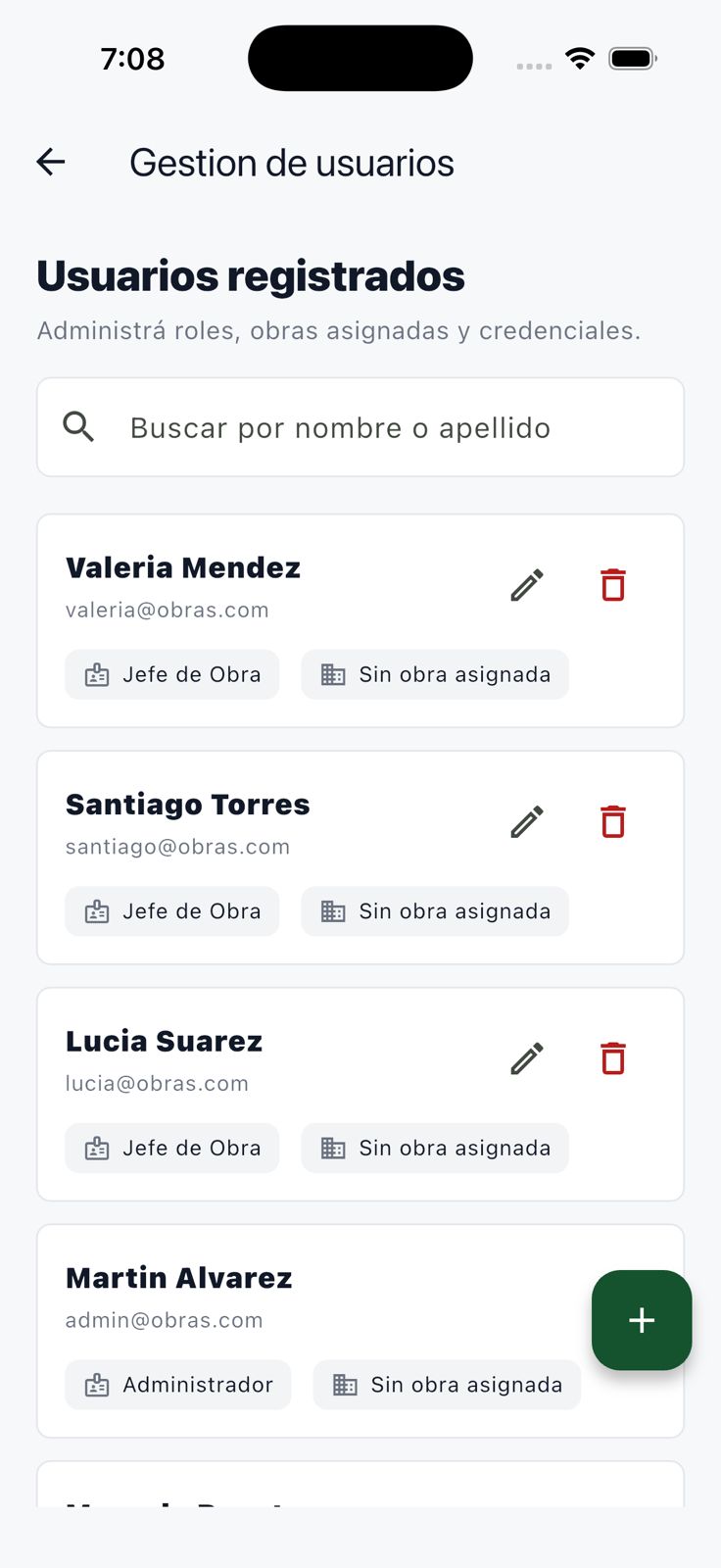 Listado de usuarios registrados con roles obras asignadas y acciones de gestión
