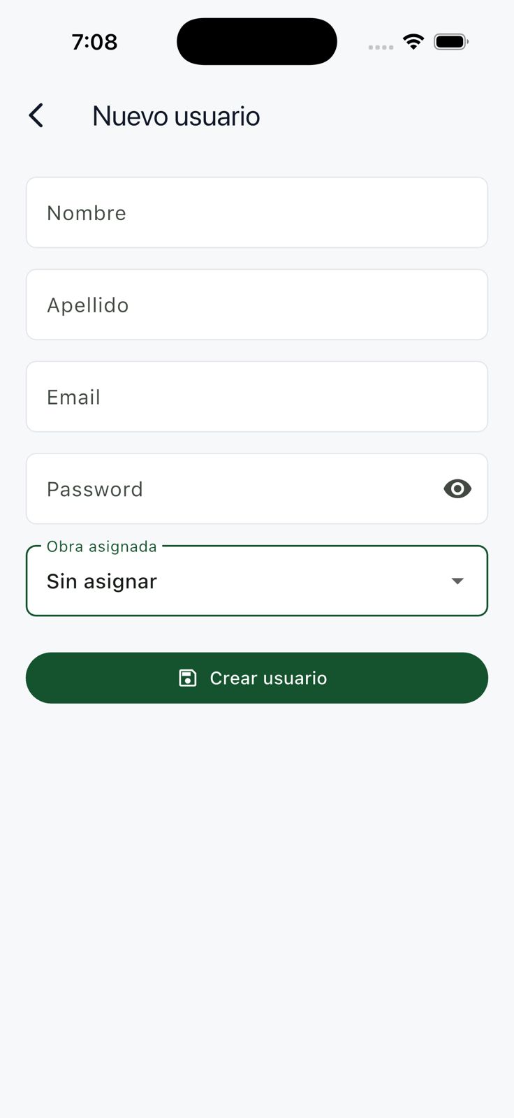 Formulario para crear un usuario con credenciales y obra asignada