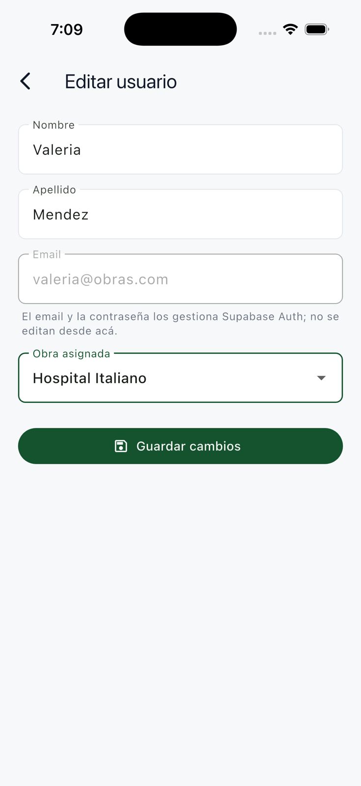Formulario para editar el nombre apellido y obra asignada de un usuario