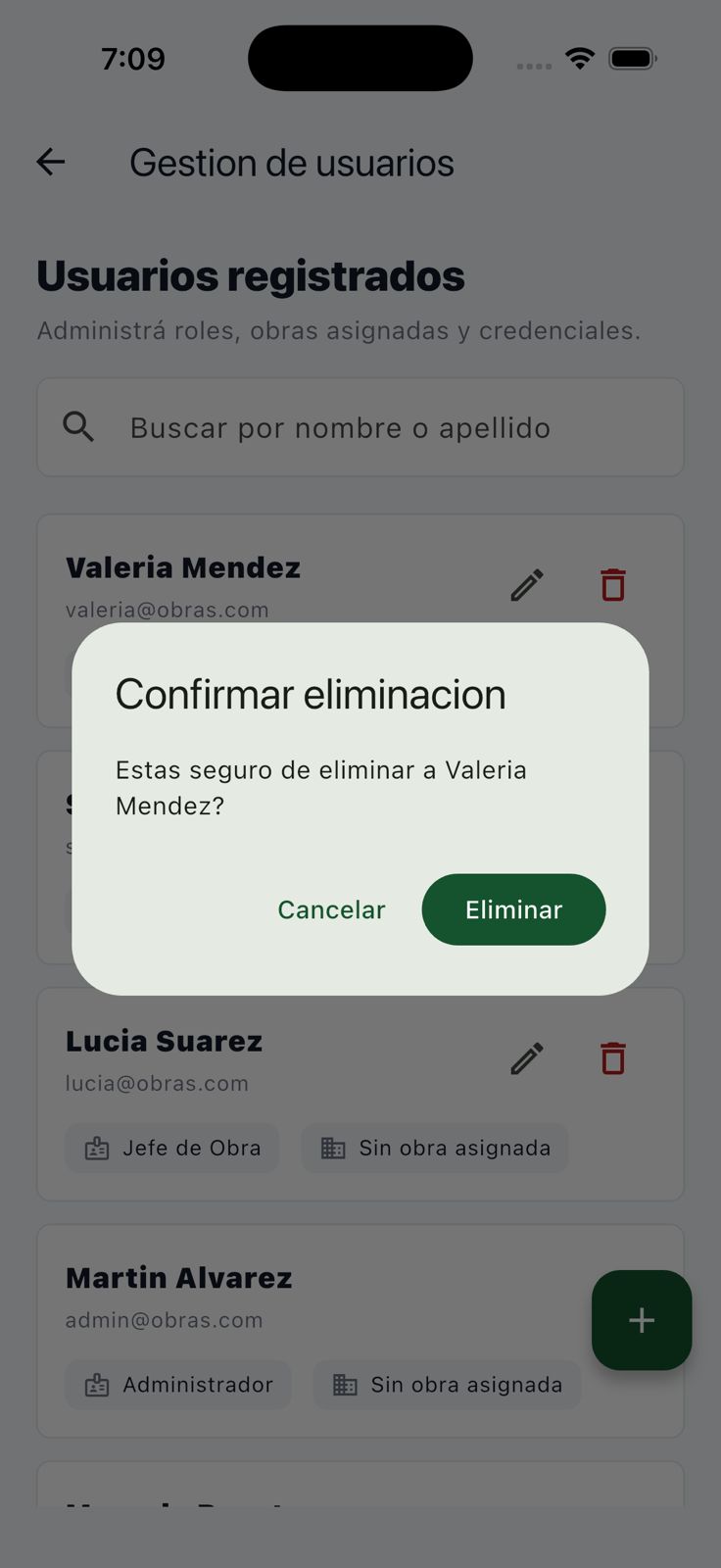 Diálogo de confirmación para eliminar un usuario registrado