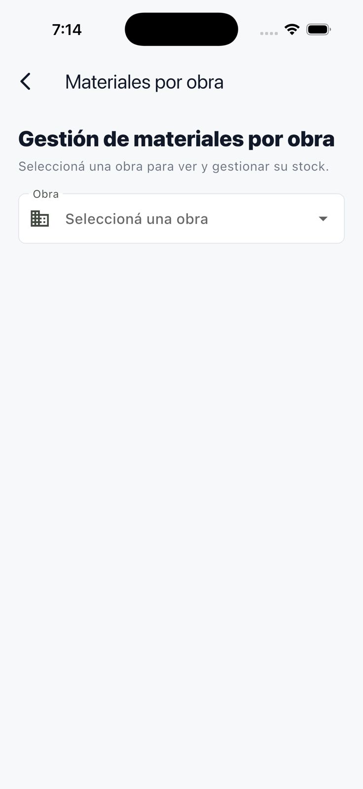 Pantalla inicial para seleccionar una obra y gestionar el stock de sus materiales
