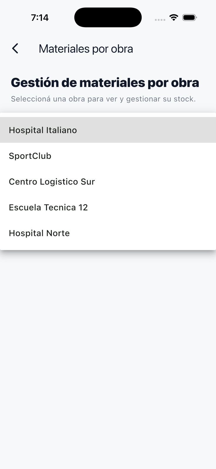 Selector desplegado con las obras disponibles para gestionar sus materiales
