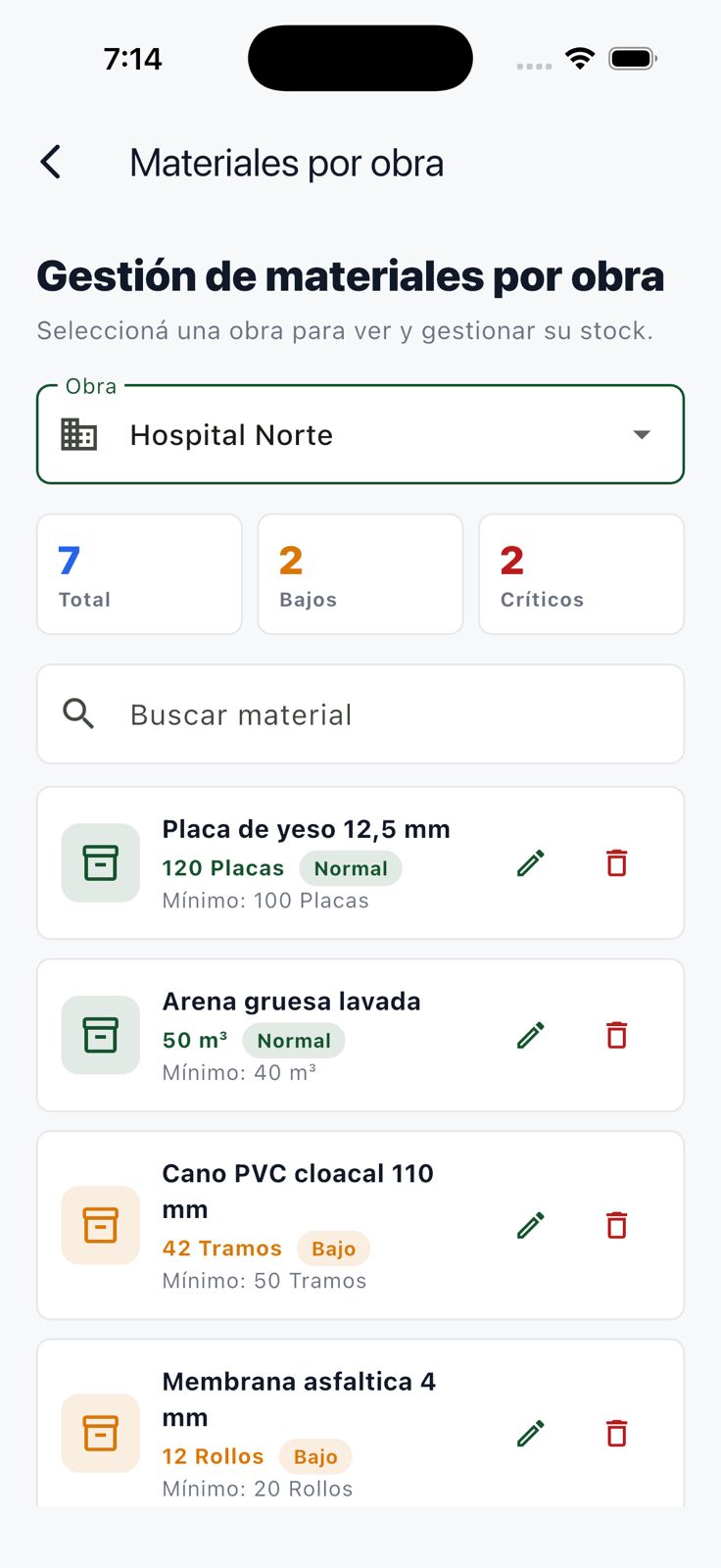 Stock de una obra con totales estados cantidades mínimas y acciones por material