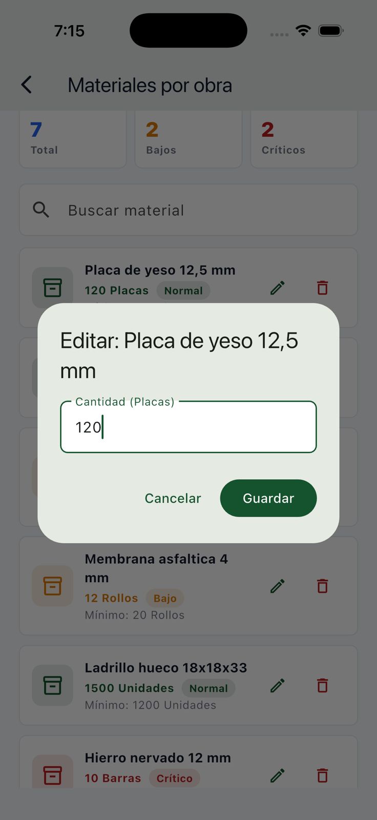 Diálogo para editar la cantidad disponible de un material en una obra