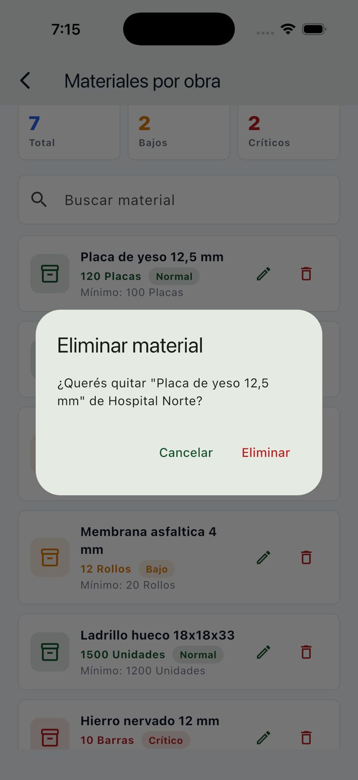 Diálogo para confirmar la eliminación de un material asignado a una obra