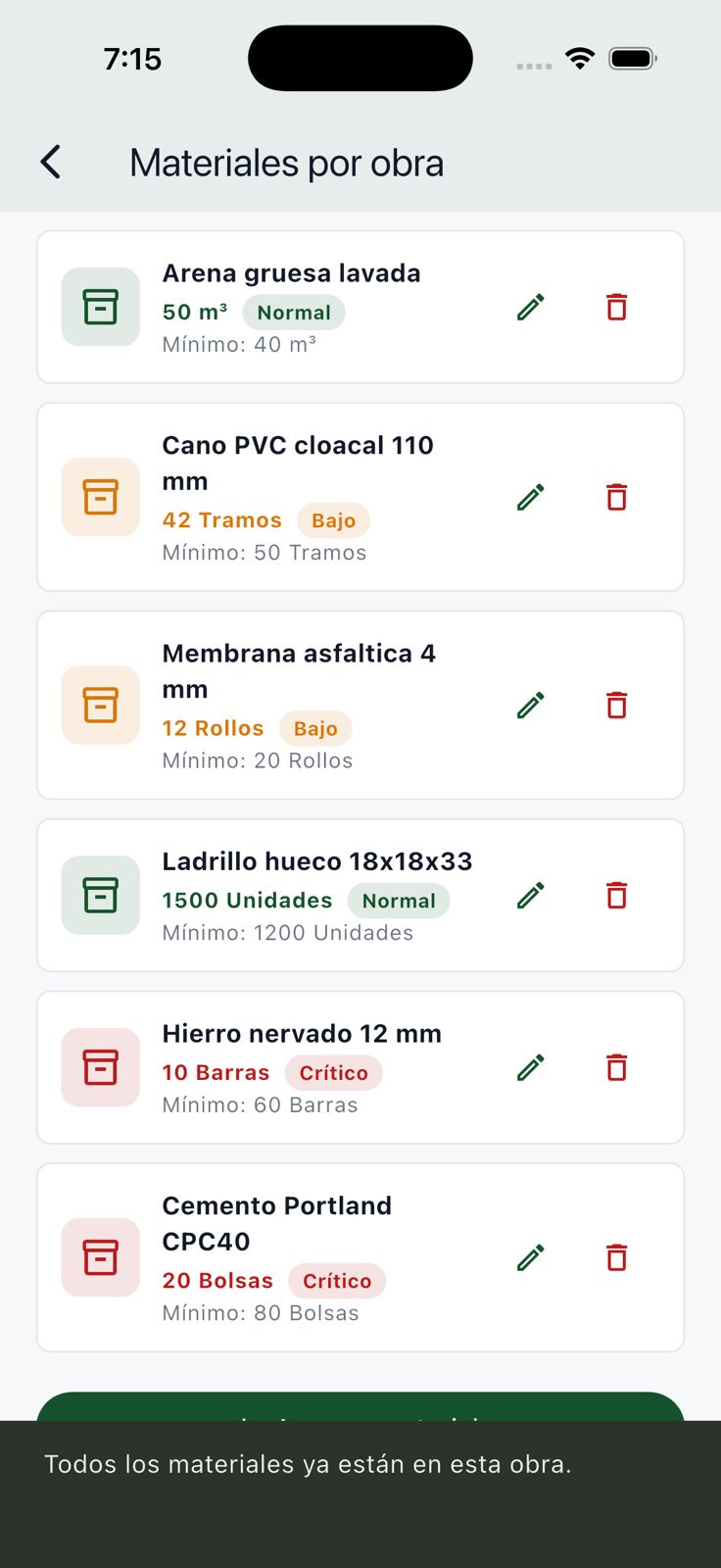 Listado completo del stock por obra con aviso de que todos los materiales están asignados