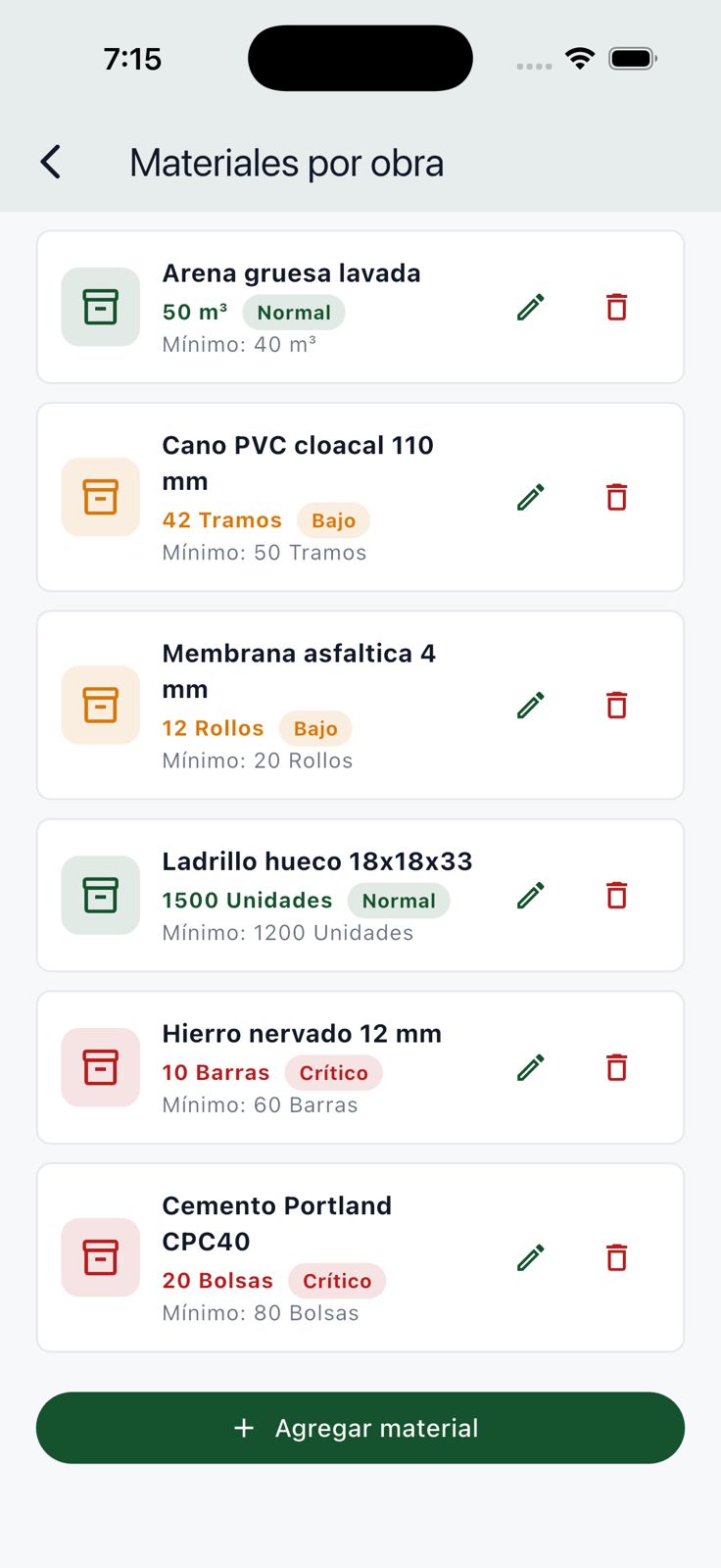 Listado de stock por obra con acción disponible para agregar otro material