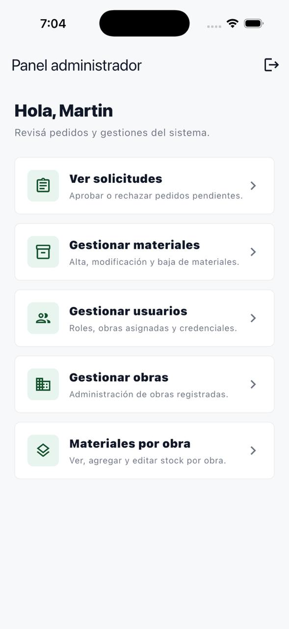 Panel del Administrador con accesos a solicitudes materiales usuarios obras y stock