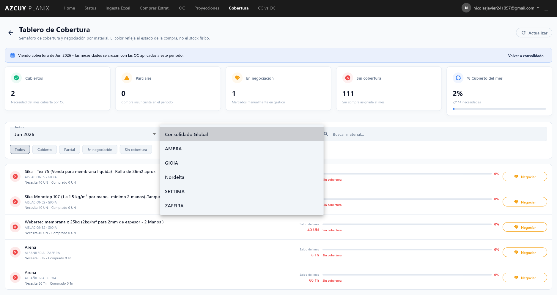 Cobertura mensual con selector desplegado para elegir una obra del sistema