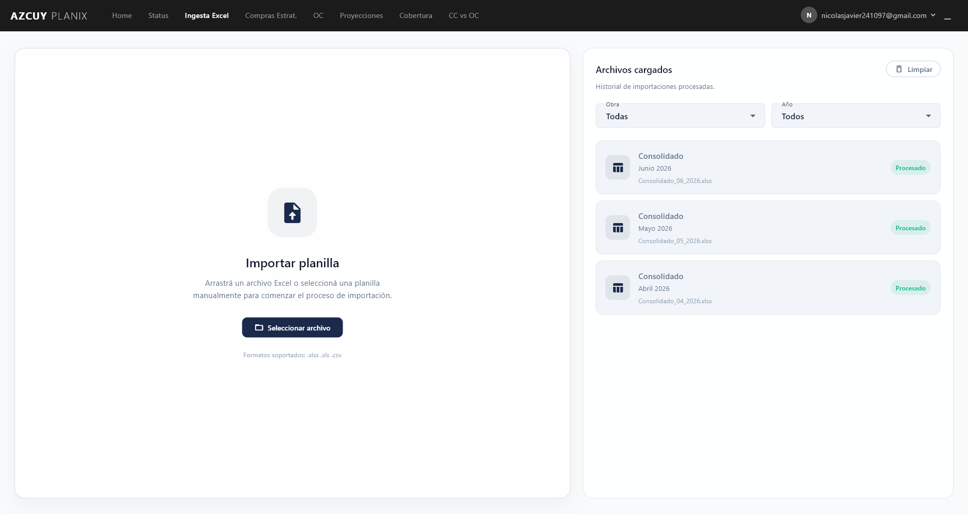 Pantalla para importar una planilla de cashflow y consultar el historial de archivos procesados