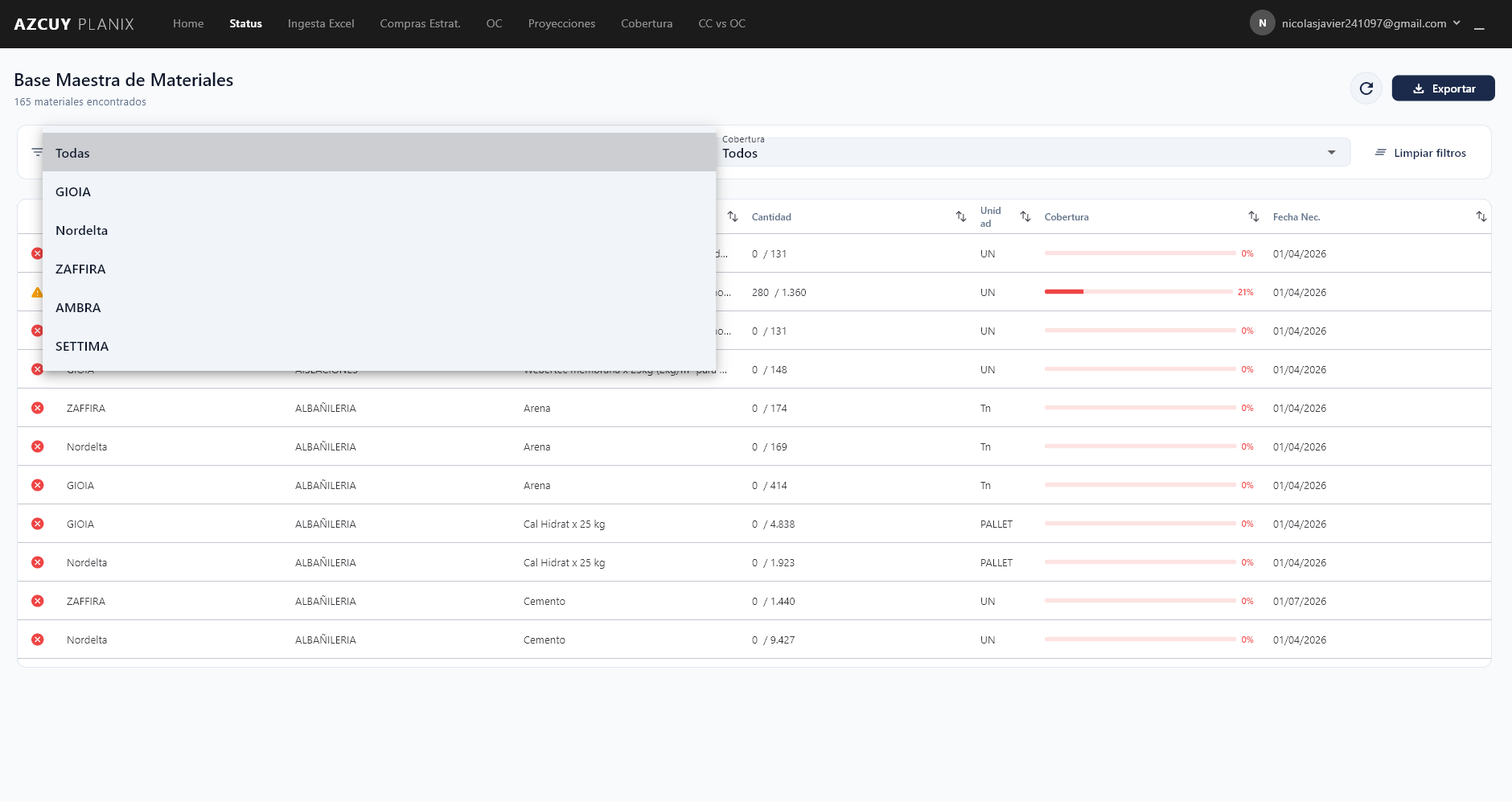 Base maestra de materiales con el selector de obras disponibles desplegado