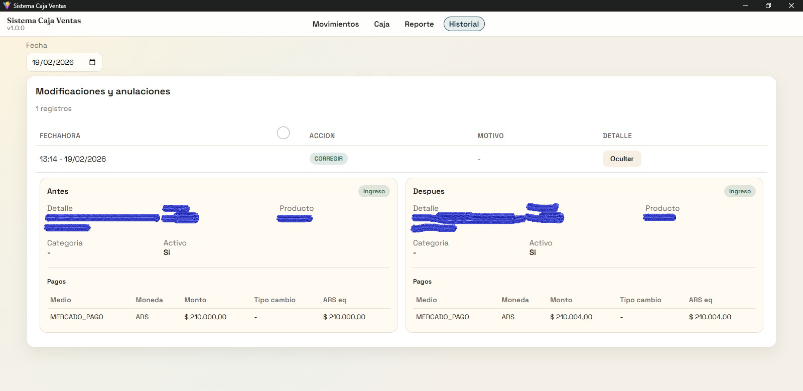 Historial de auditoria de movimientos
