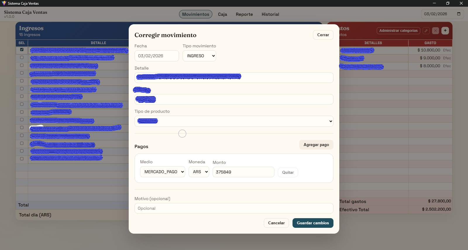 Modal de correccion de movimiento