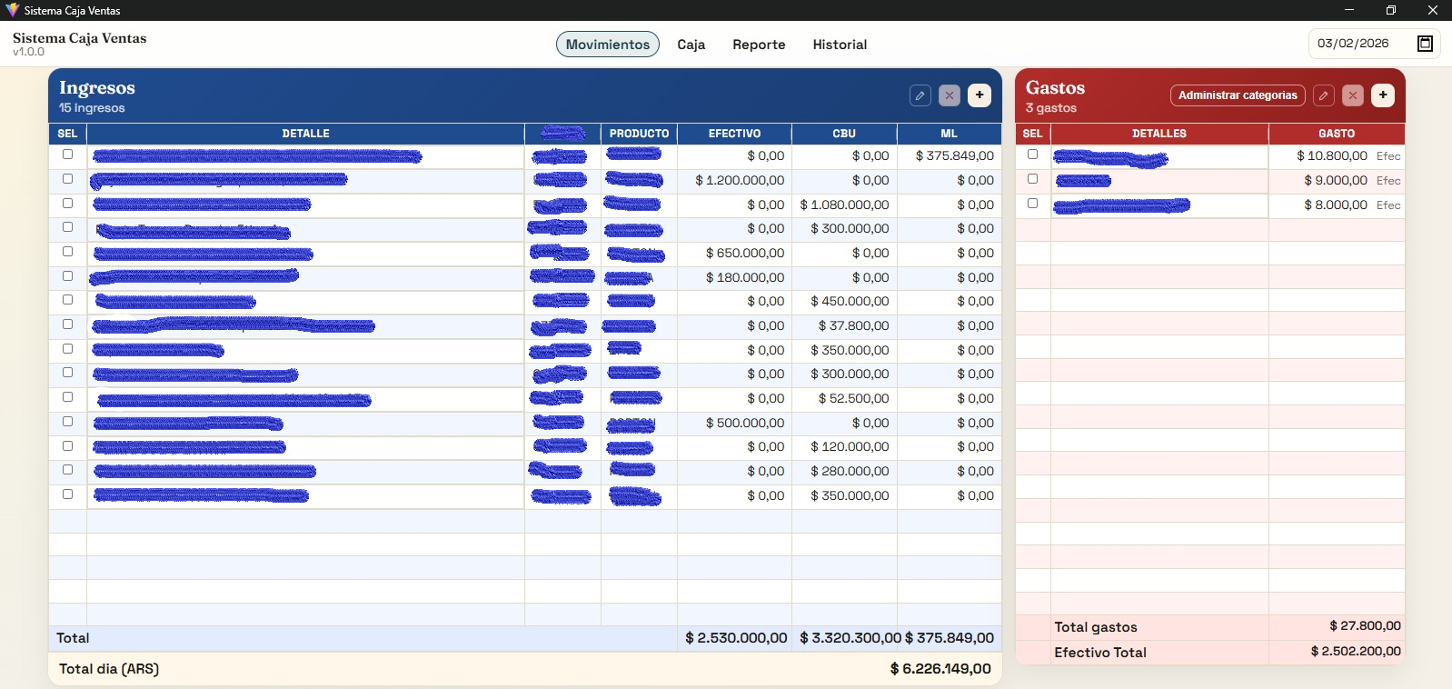 Vista de movimientos diarios de ingresos y egresos